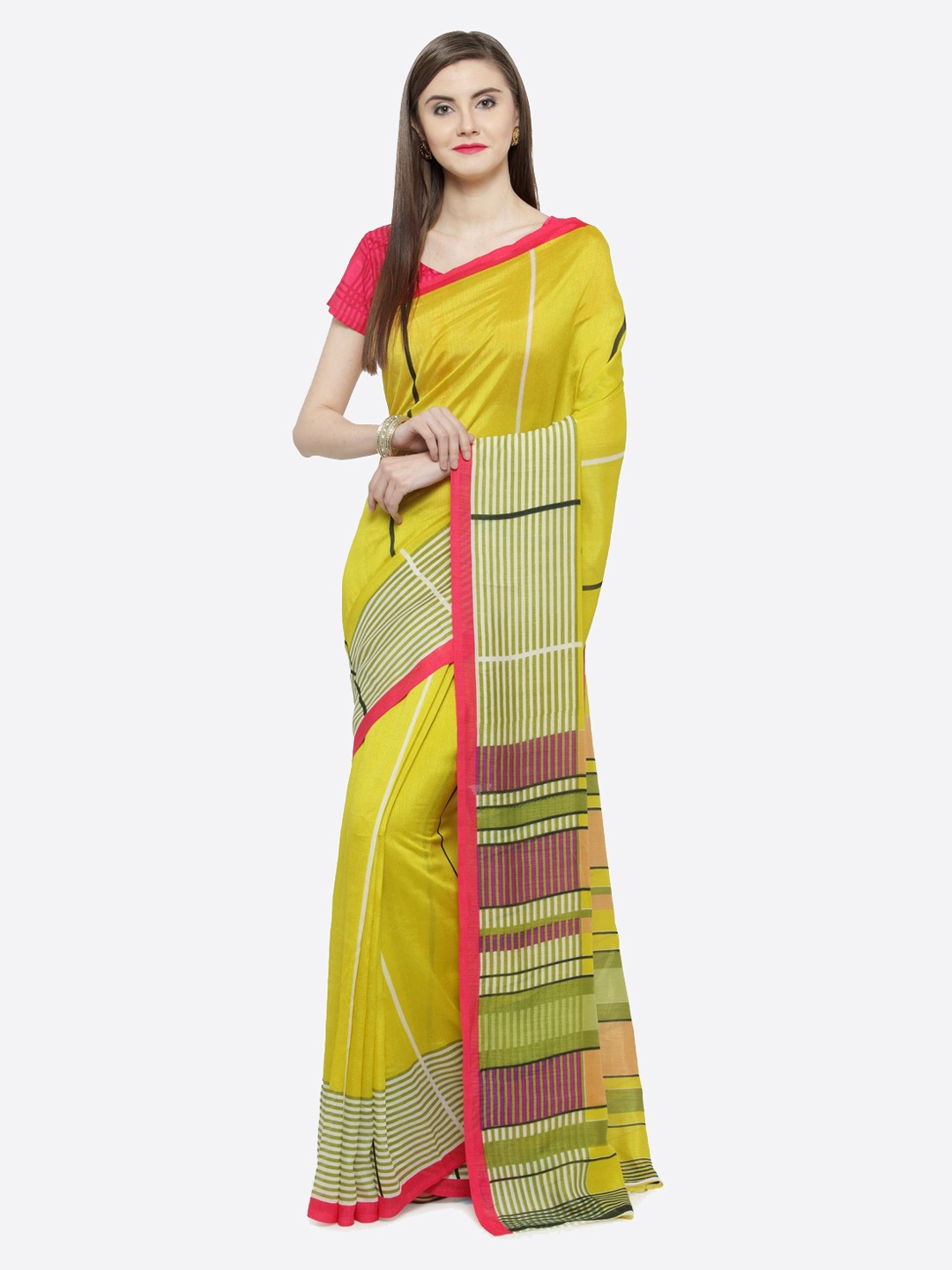 

Shaily Yellow & Green Silk Cotton Striped Saree