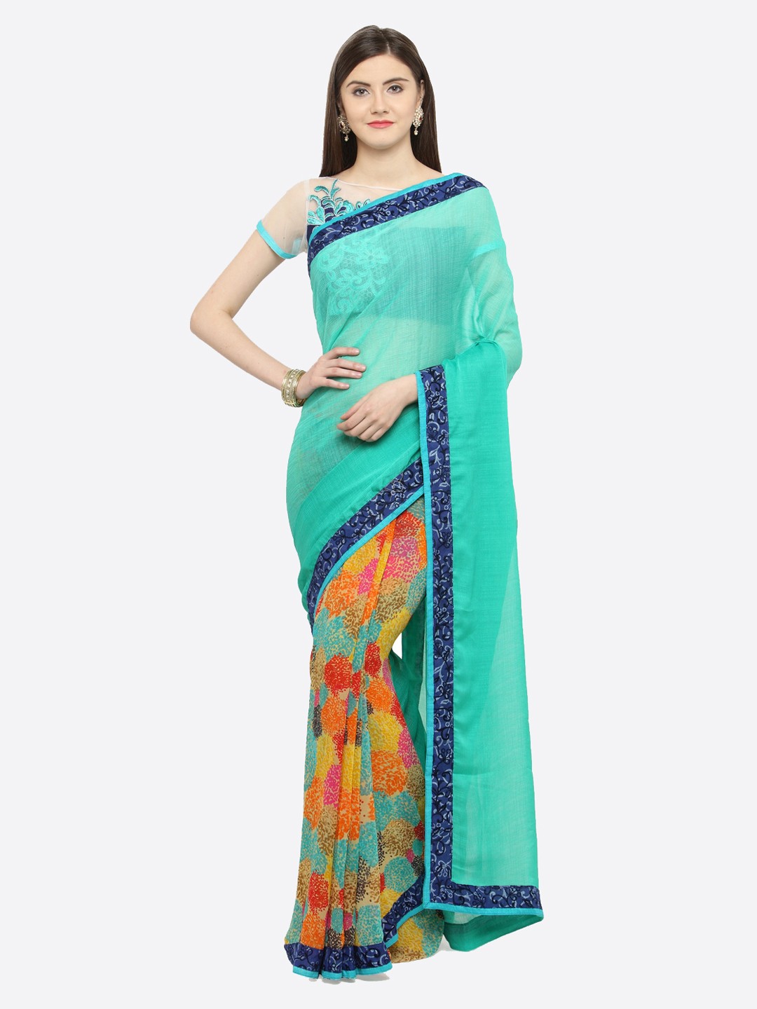 

Shaily Sea Green & Yellow Pure Georgette Printed Half & Half Saree