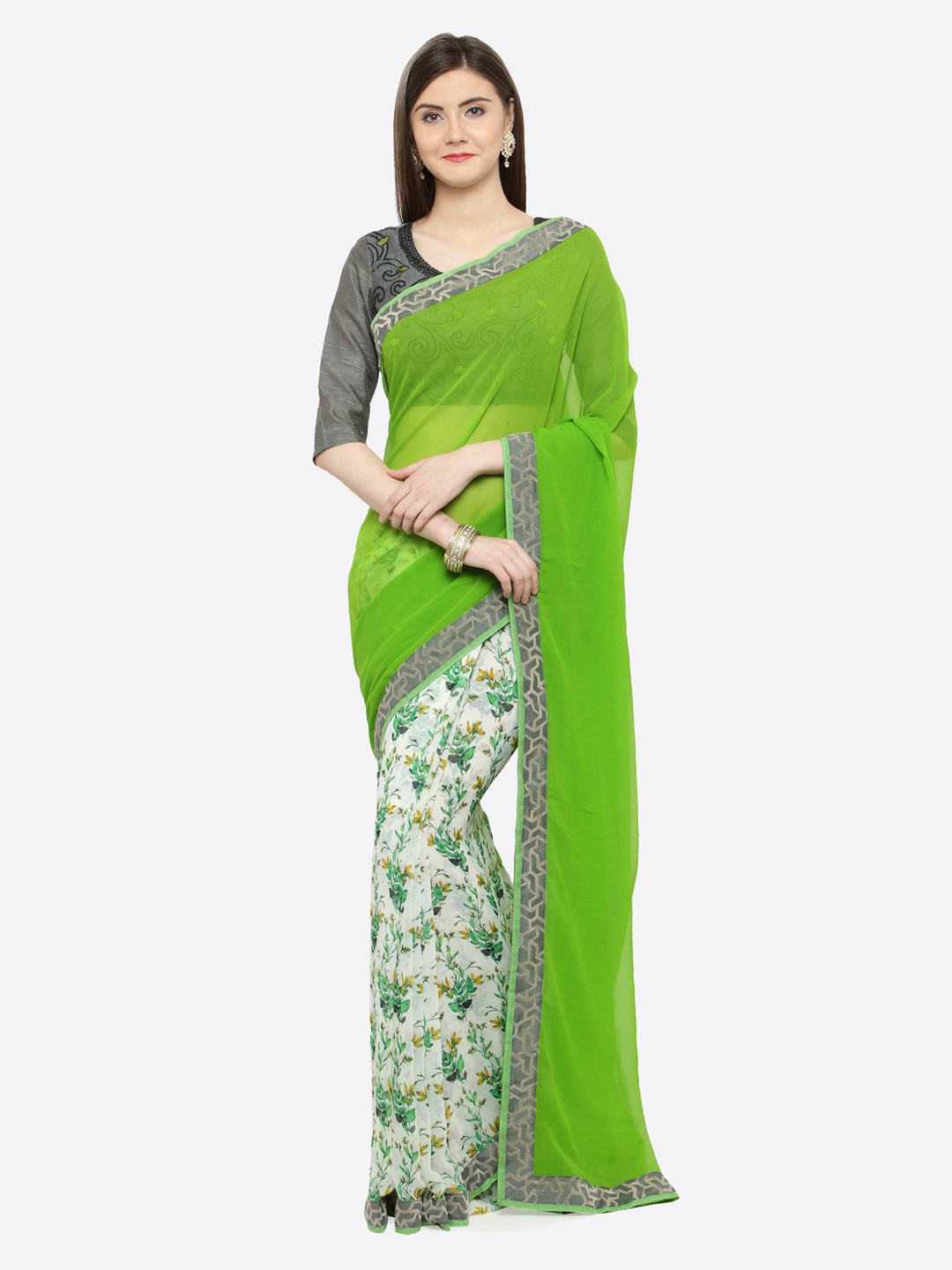 

Shaily Green & White Pure Georgette Printed Saree