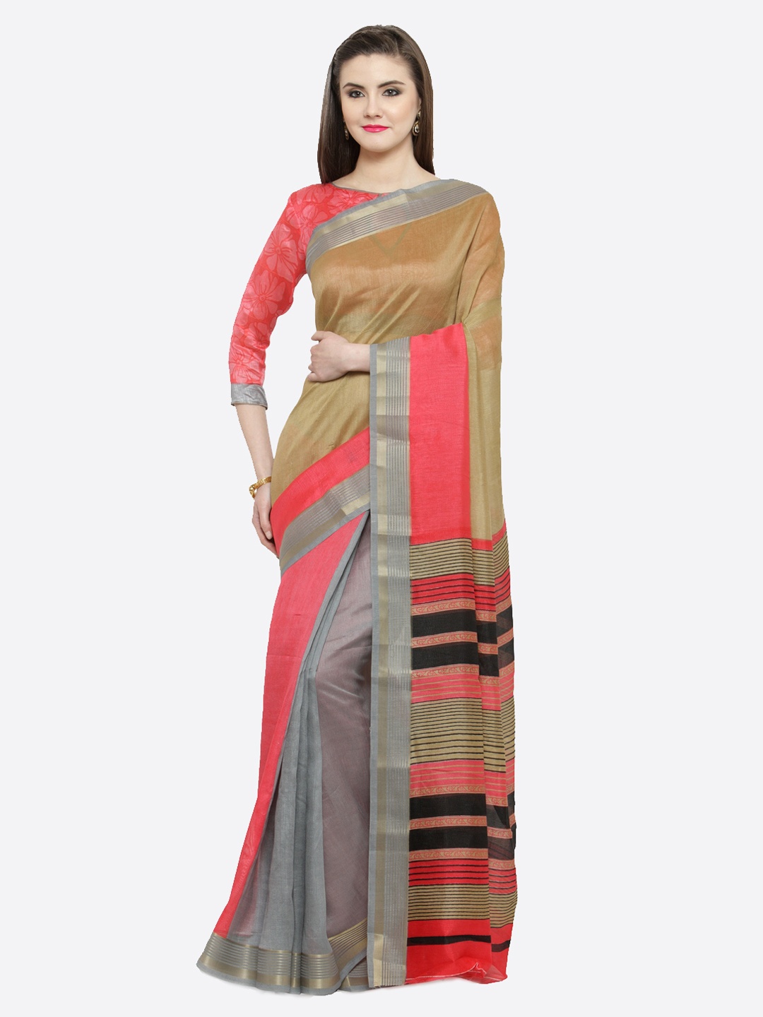 

Shaily Beige & Pink Silk Cotton Colourblocked Saree