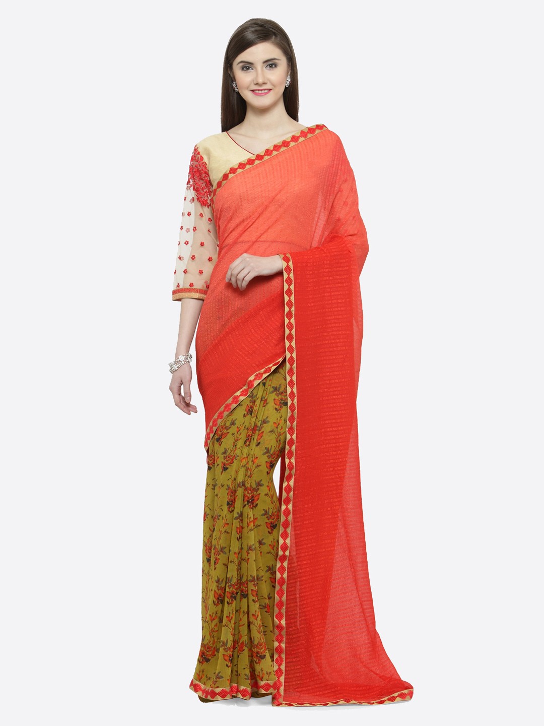 

Shaily Red & Yellow Pure Georgette Printed Saree