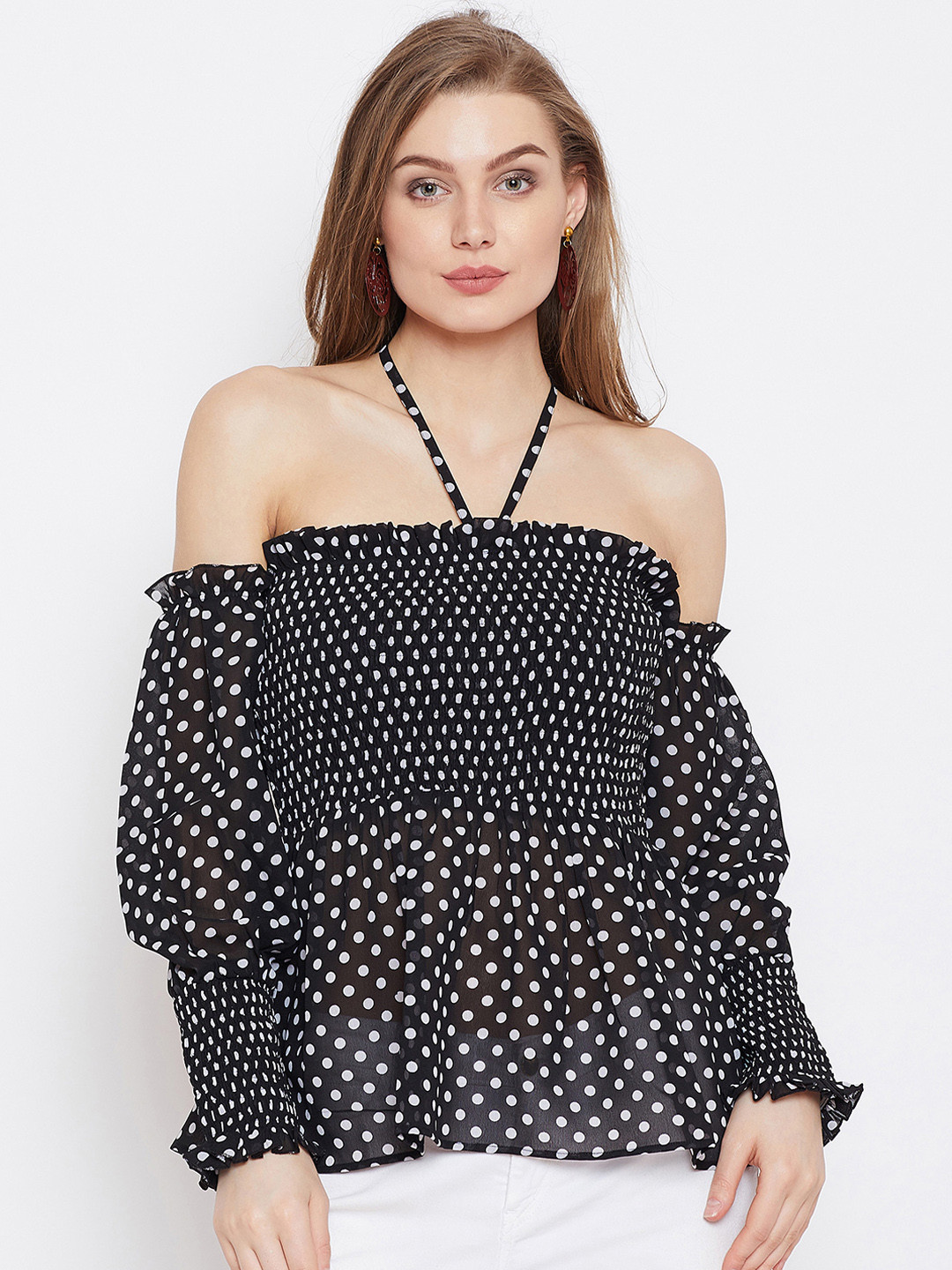 

PANIT Women Black Polka Dot Print Bardot Top