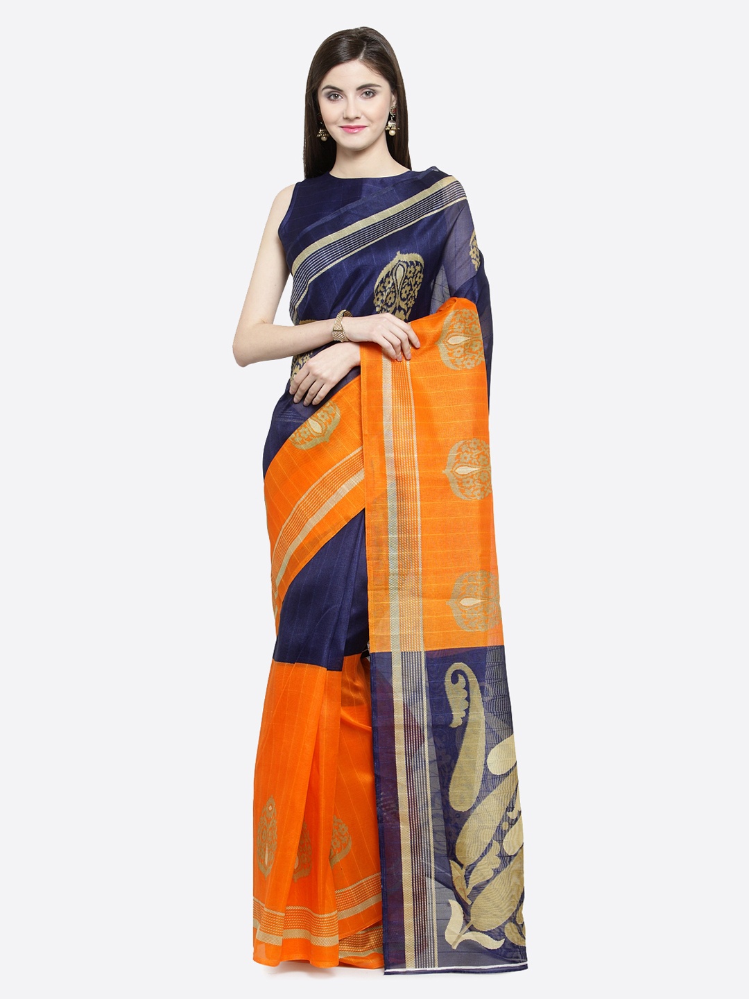 

Shaily Orange & Blue Bhagalpuri Silk Blend Printed Saree