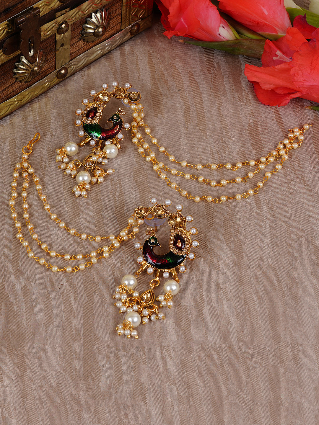

Shining Diva Gold-Plated & White Peacock Shaped Drop Earrings