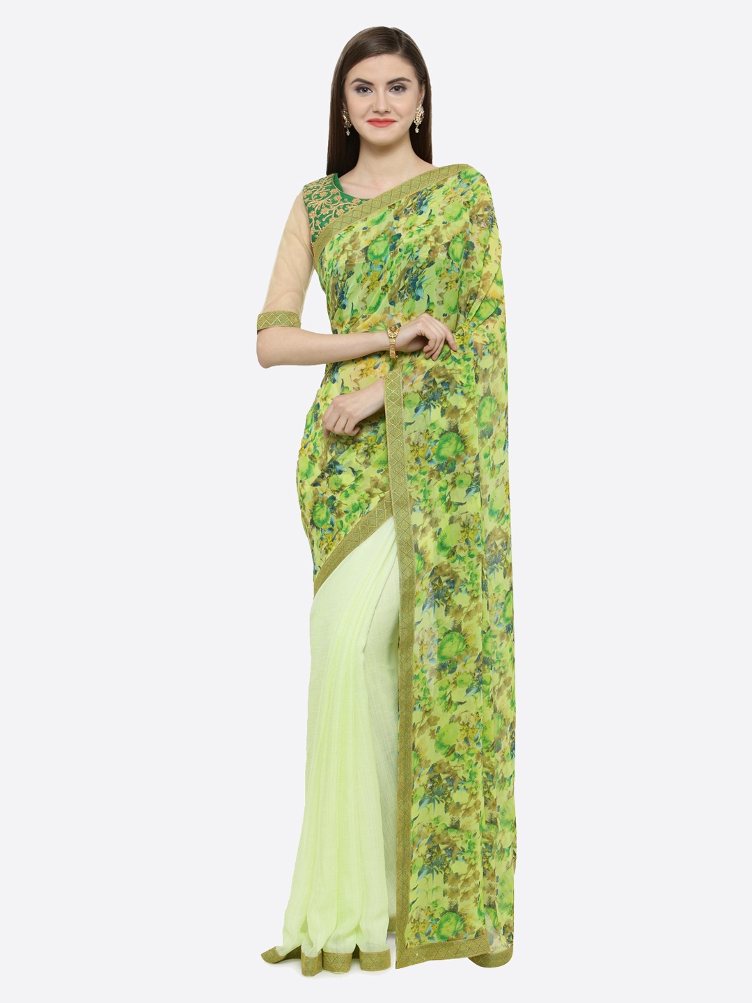 

Shaily Green & Cream-Coloured Pure Georgette Printed Saree