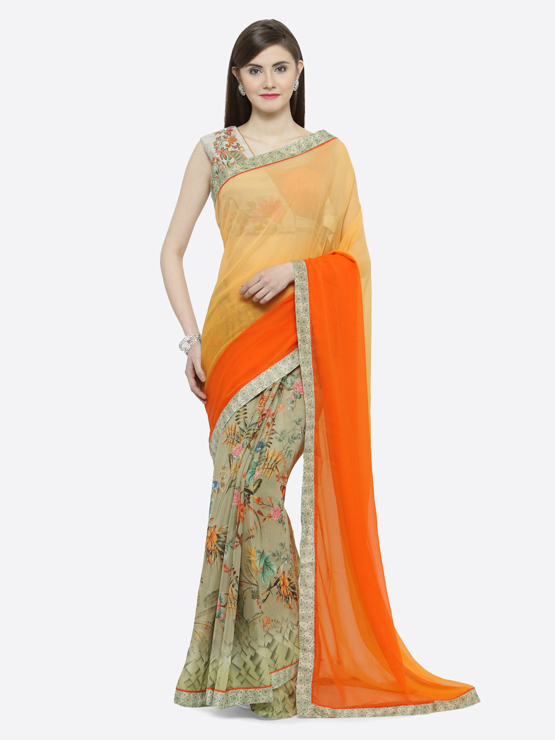 

Shaily Orange & Green Pure Georgette Printed Saree