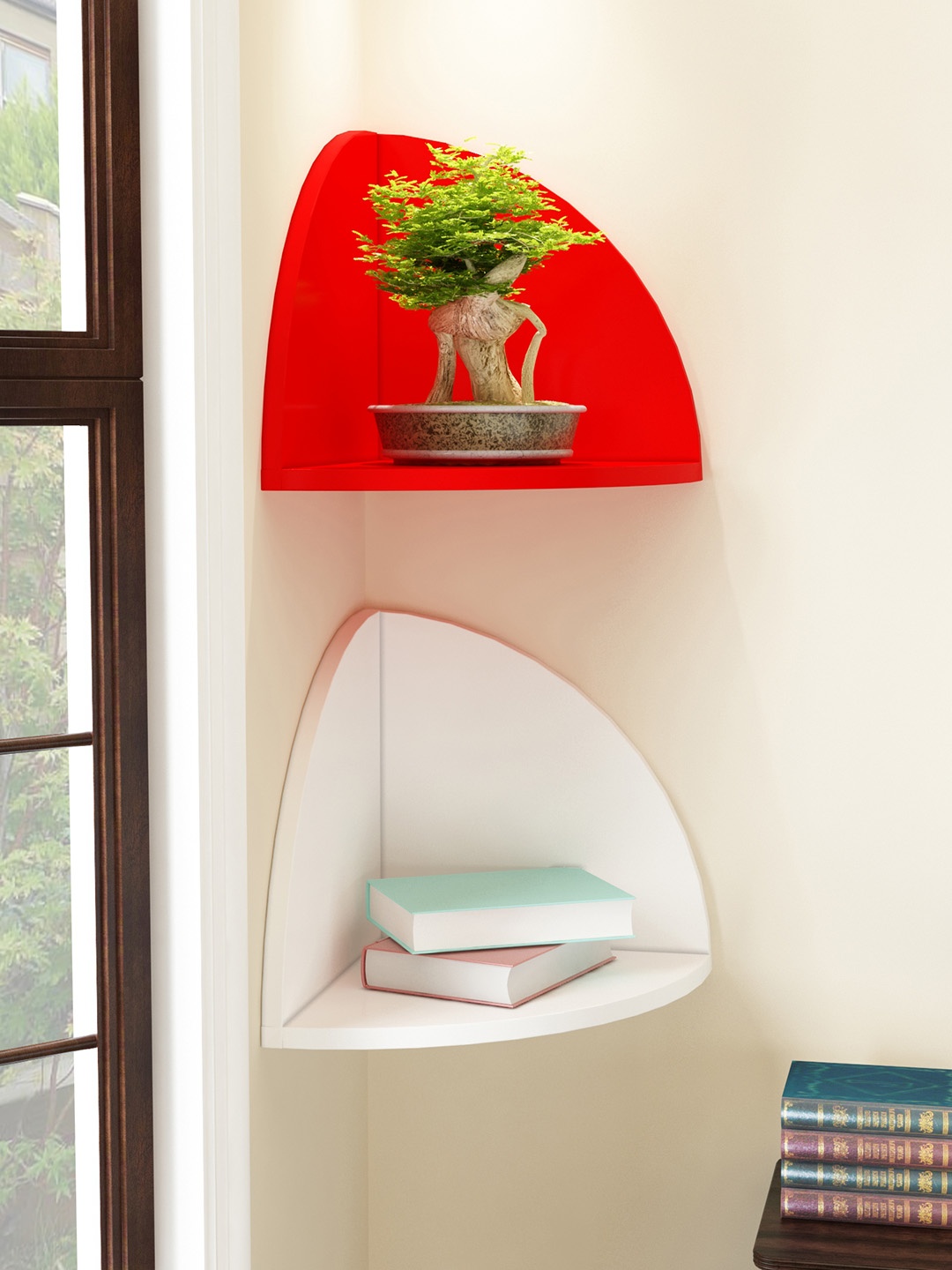 

Home Sparkle Red & White Set Of 2 MDF Corner Wall Shelves