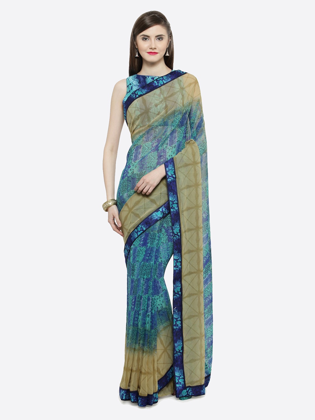 

Shaily Blue & Beige Pure Georgette Printed Saree