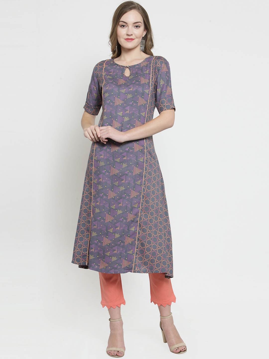 

Indibelle Women Grey & Red Printed A-Line Kurta