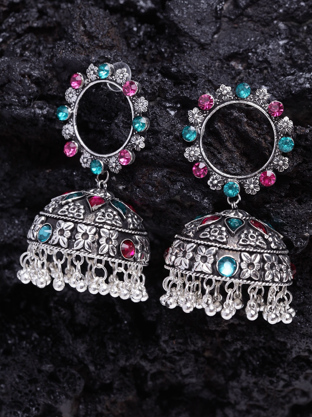 Moedbuille Silver-Plated & Oxidised Dome Shaped Jhumkas