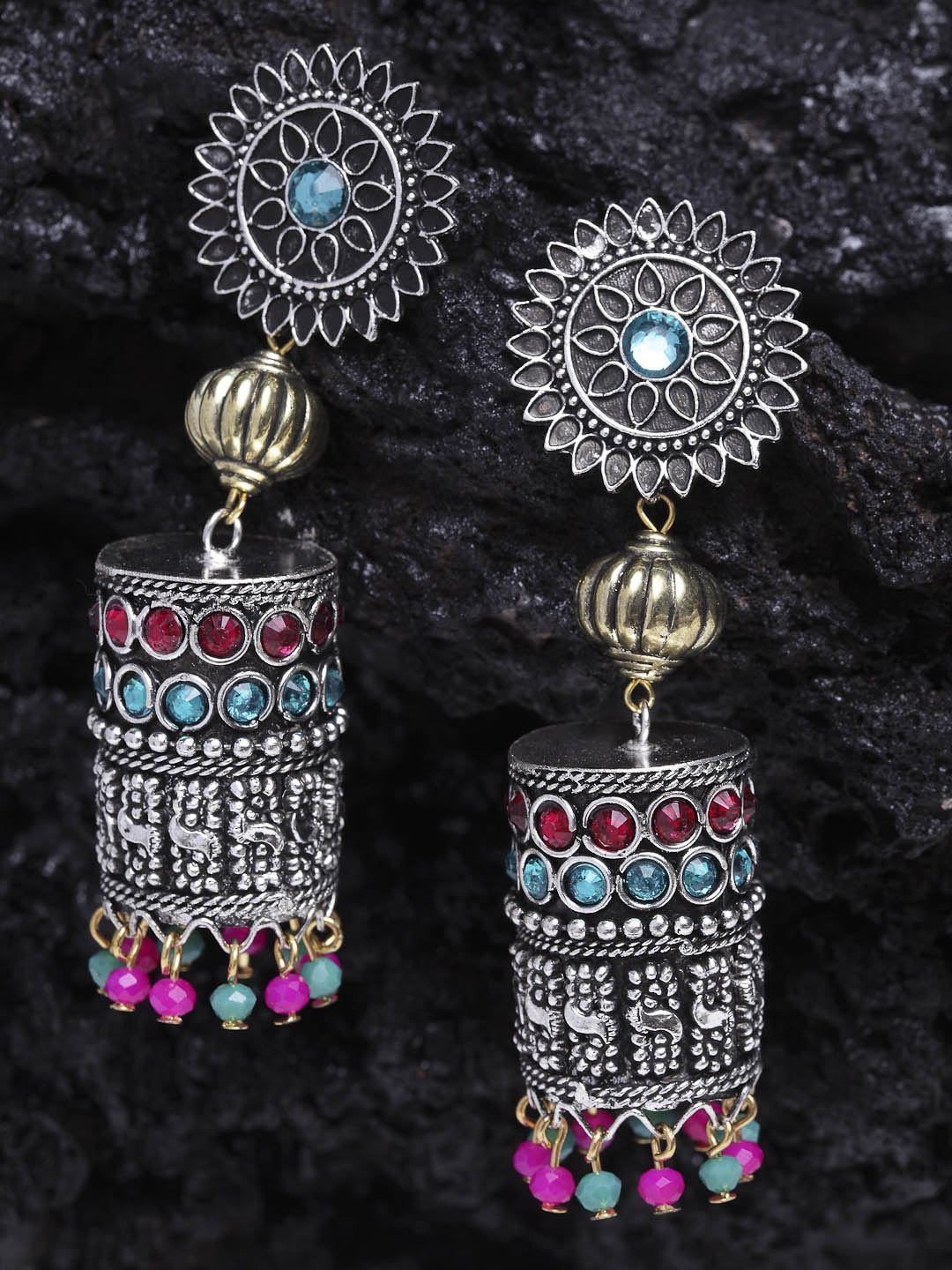 

Moedbuille Silver-Plated & Gold-Toned Handcrafted Dome Shaped Jhumkas