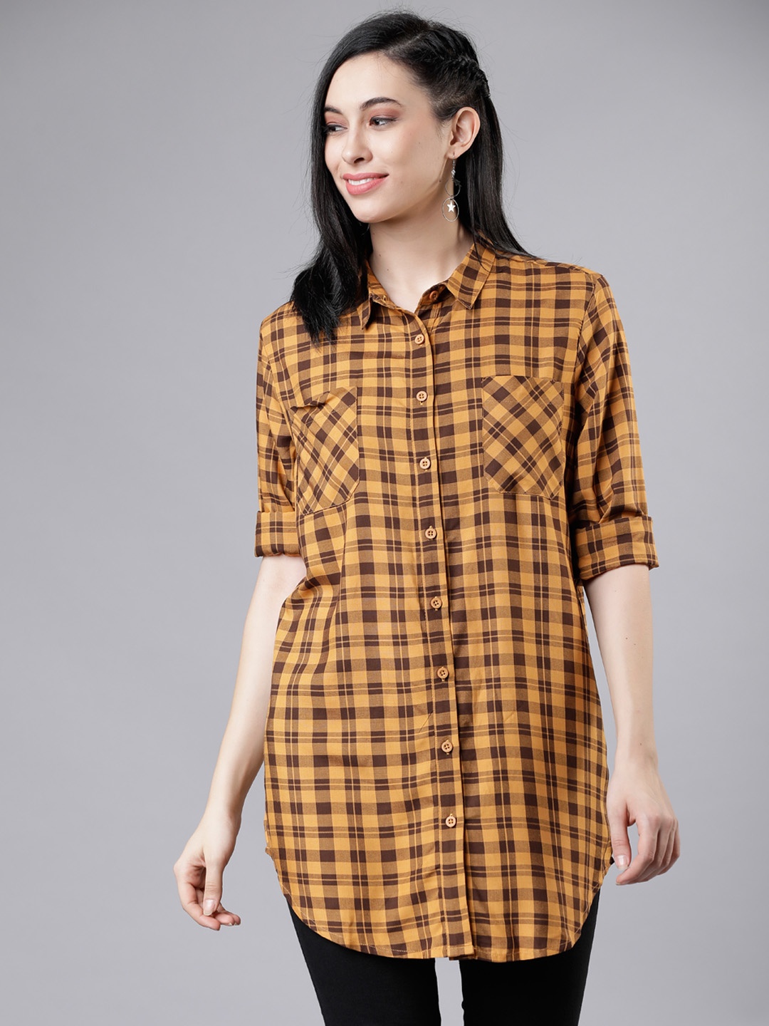 

Tokyo Talkies Women Mustard & Brown Regular Fit Checked Casual Shirt