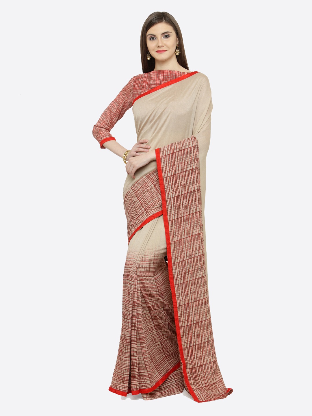 

Shaily Beige & Red Silk Cotton Solid Saree