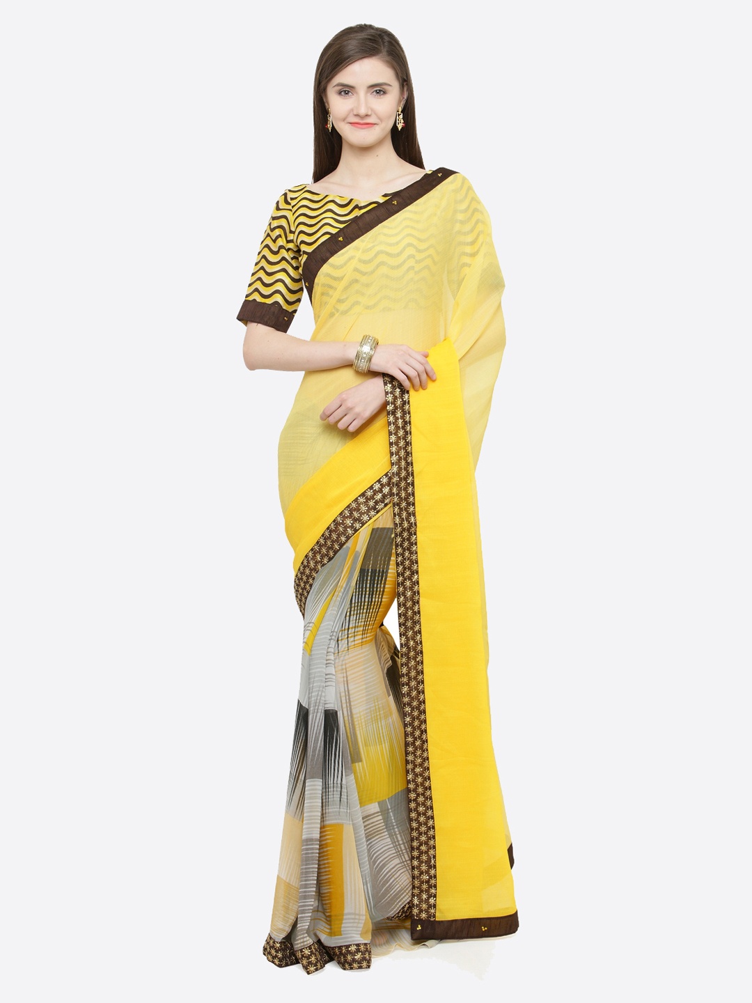 

Shaily Yellow & Brown Pure Georgette Printed Saree