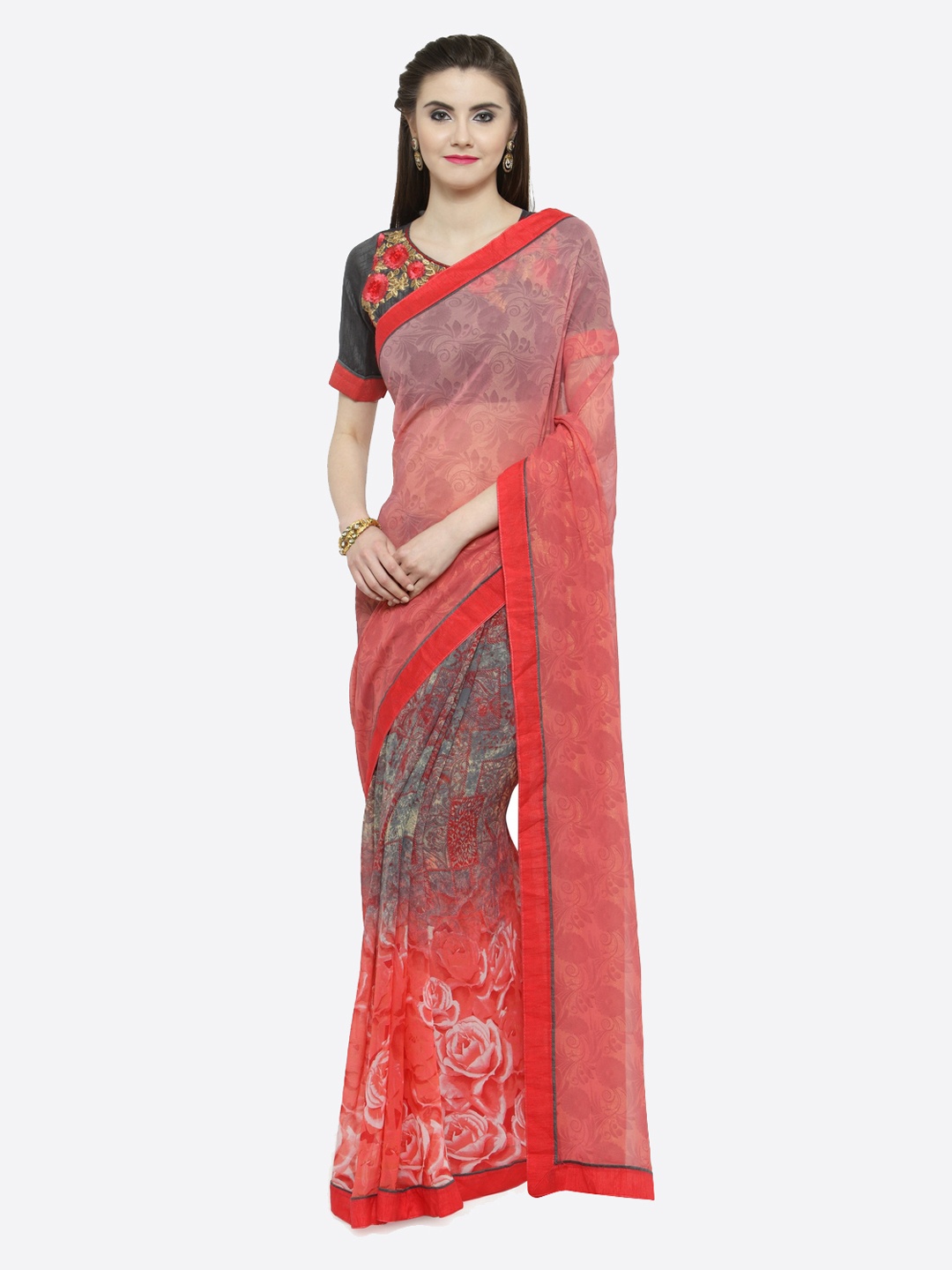 

Shaily Pink & Red Pure Georgette Printed Saree
