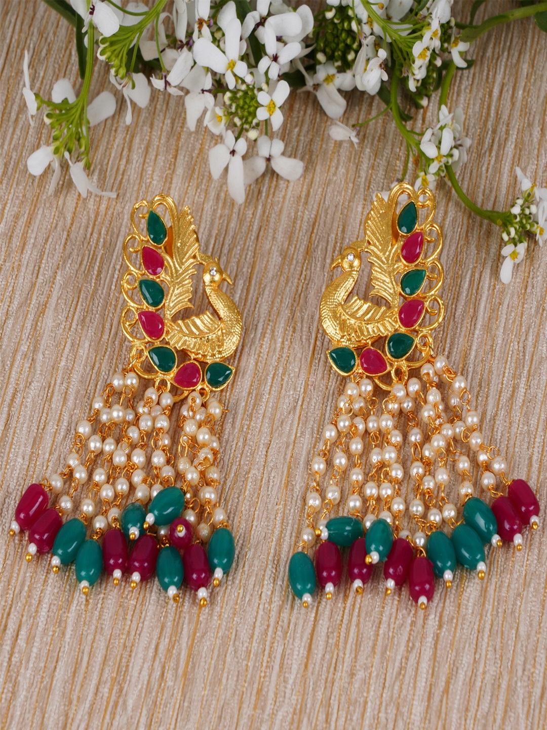 

Shining Diva Gold-Plated & Green Peacock Shaped Drop Earrings