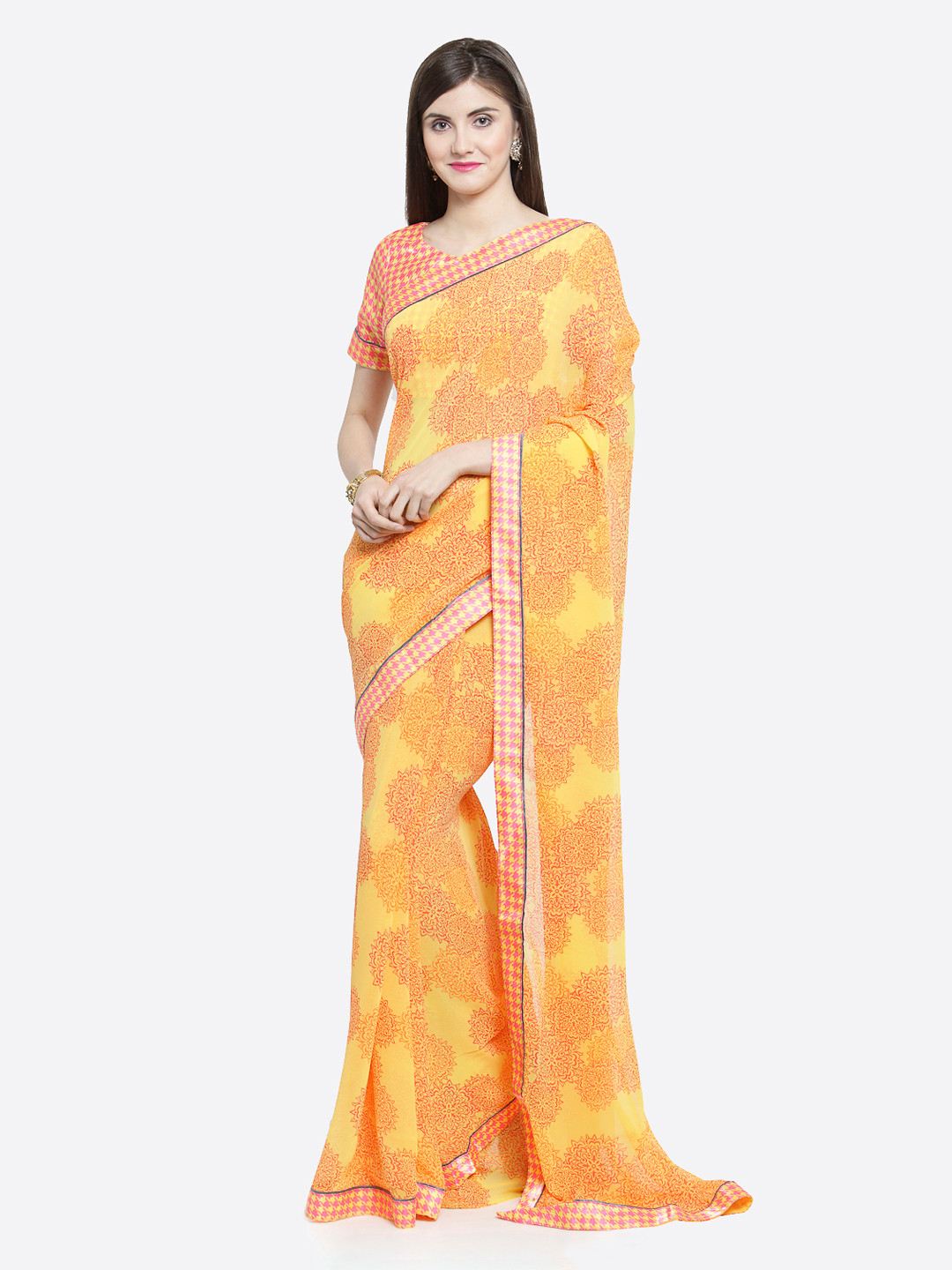 

Shaily Yellow & Pink Pure Georgette Printed Saree