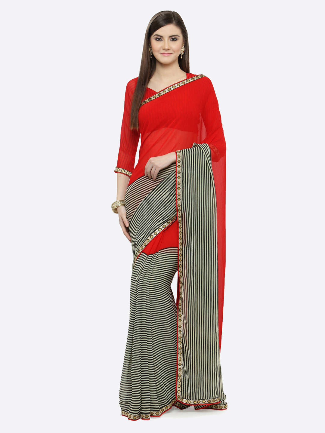 

Shaily Red & Grey Pure Georgette Striped Saree