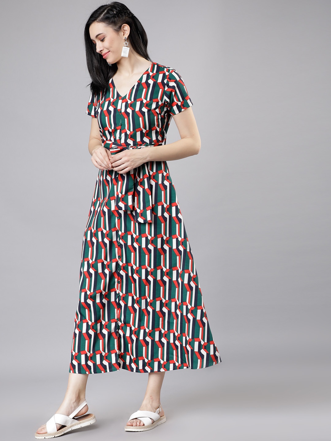 

Tokyo Talkies Women Green & Coral Red Printed A-Line Dress