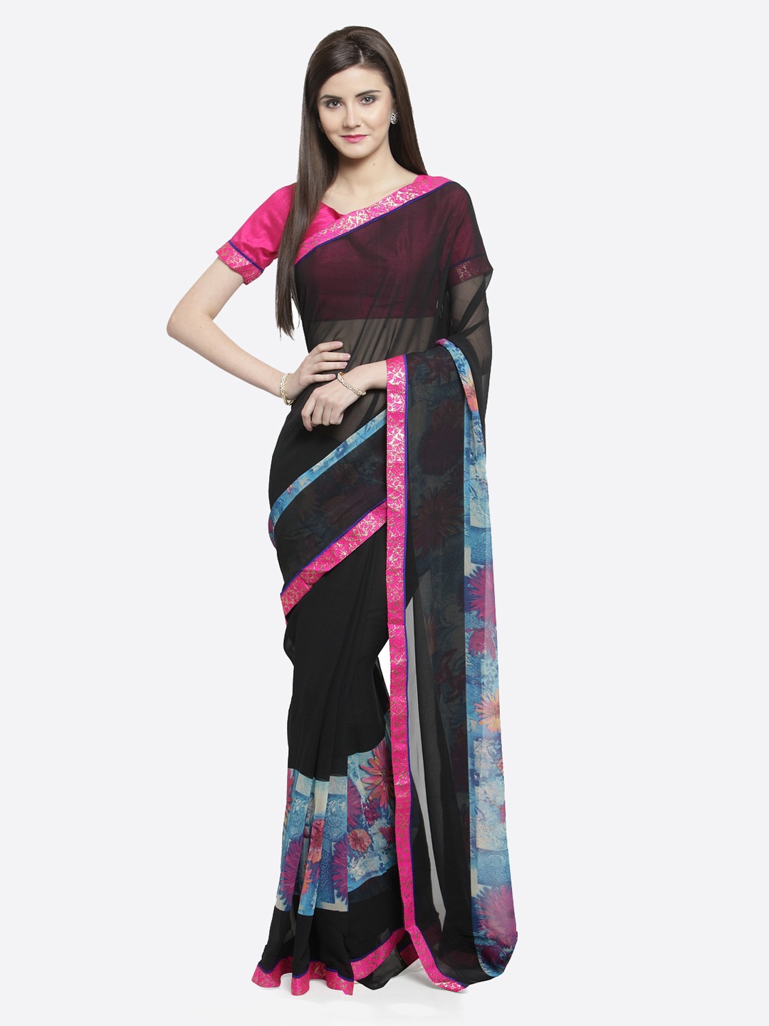 

Shaily Black & Blue Pure Georgette Printed Saree