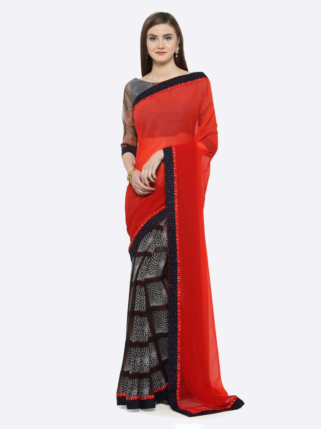

Shaily Red & Black Georgette Solid Saree
