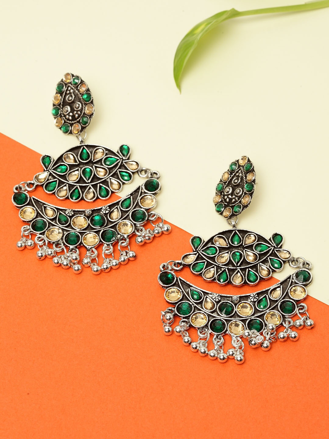 

Moedbuille Green & Yellow Handcrafted Crescent Shaped Drop Earrings