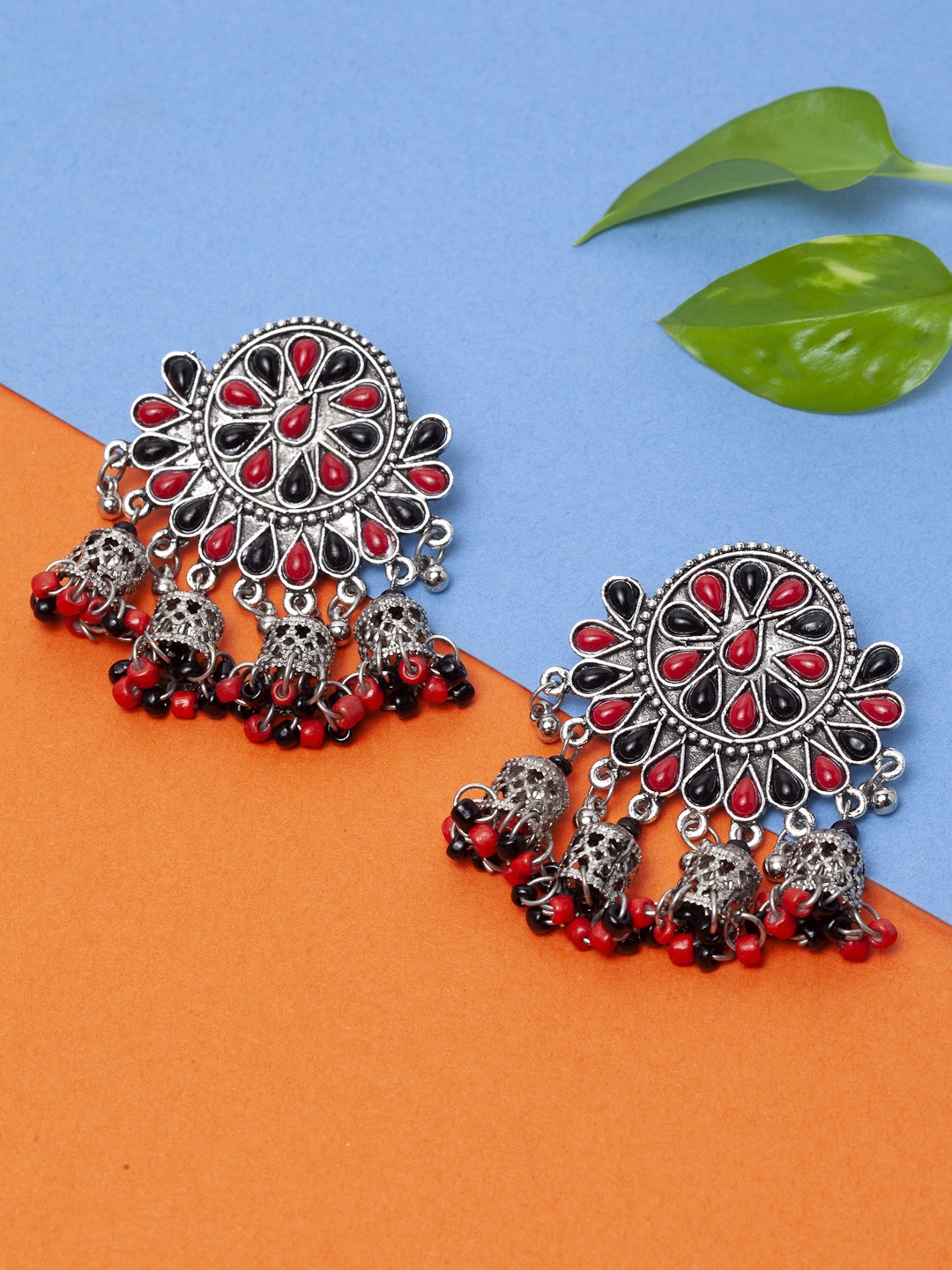 

Moedbuille Red & Black Enamelled Crescent Shaped Drop Earrings