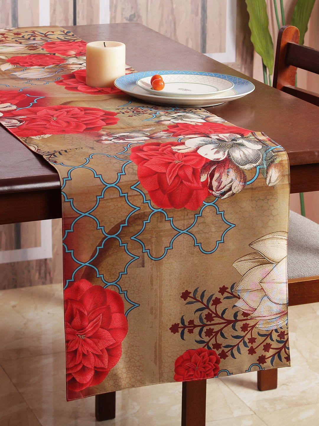 

India Circus by Krsnaa Mehta Brown & Red Printed 6-Seater Table Runner