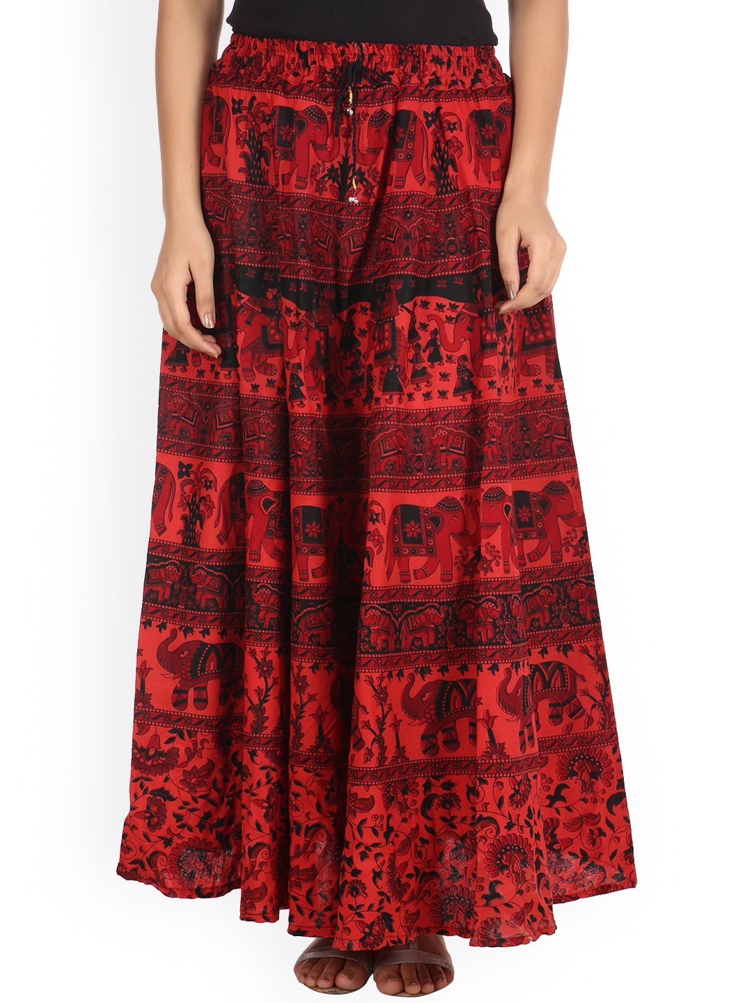 

SOUNDARYA Women Red & Black Printed Flared Maxi Pure Cotton Skirt