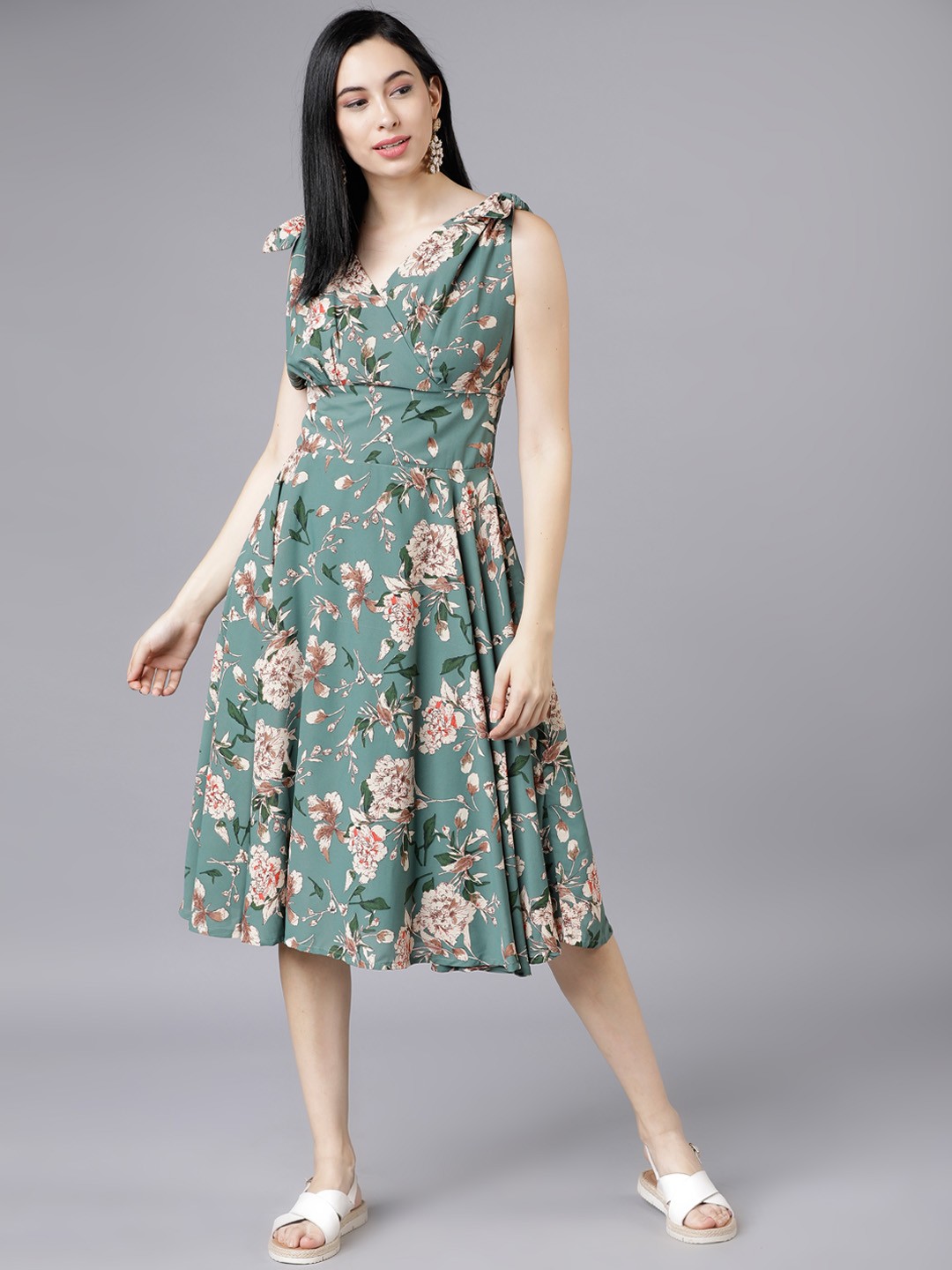 

Tokyo Talkies Women Teal Printed Empire Dress