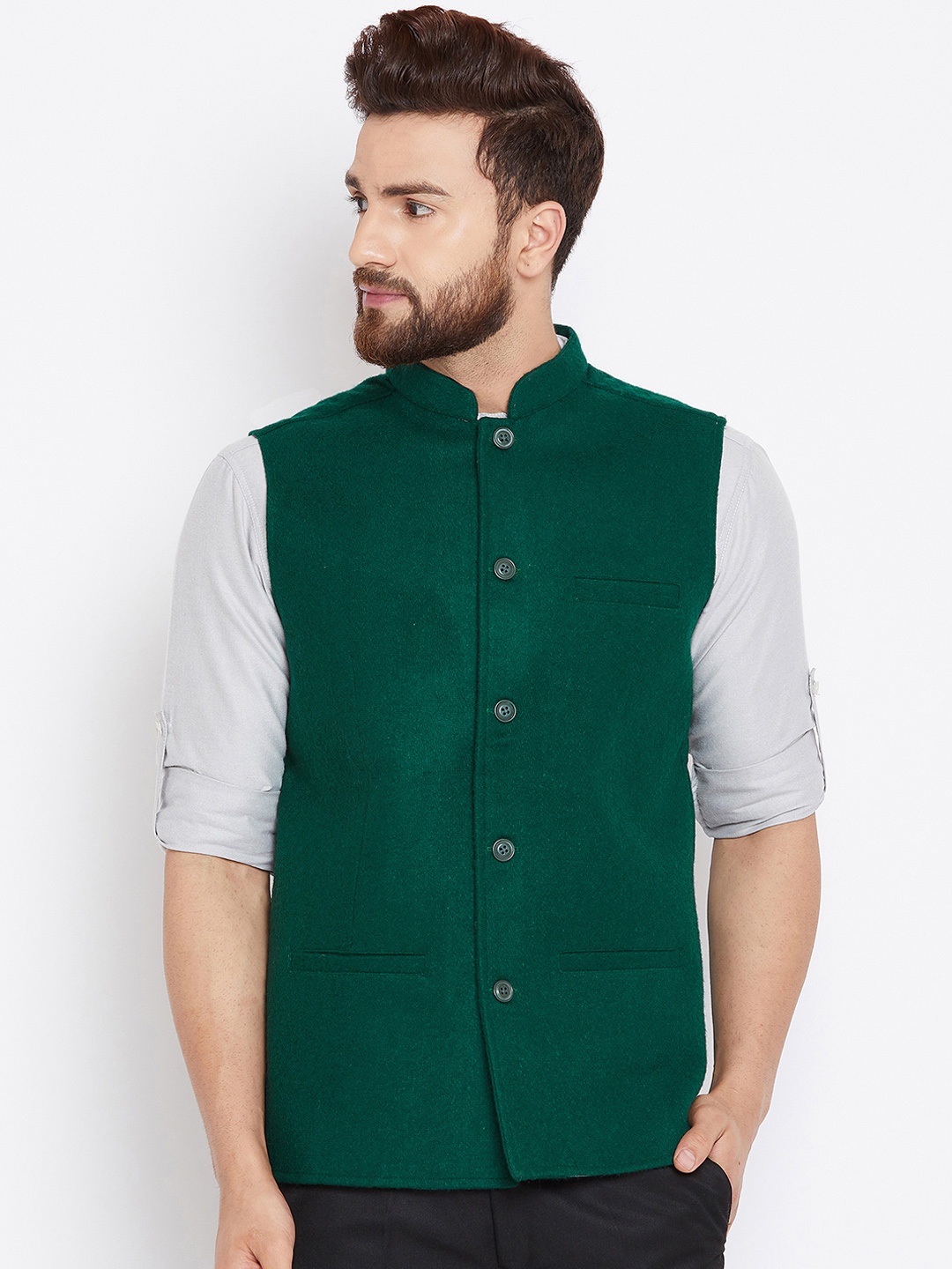 

Even Men Green Solid Woven Nehru Jacket