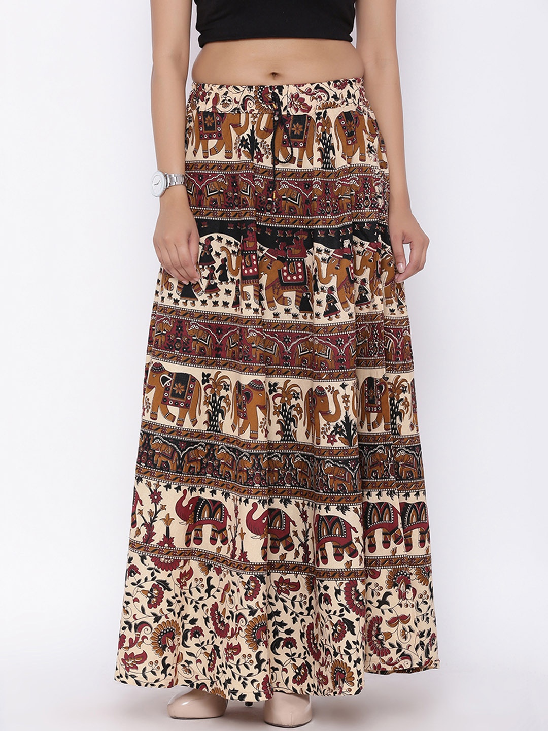 

SOUNDARYA Women Beige & Brown Printed Flared Maxi Pure Cotton Skirt