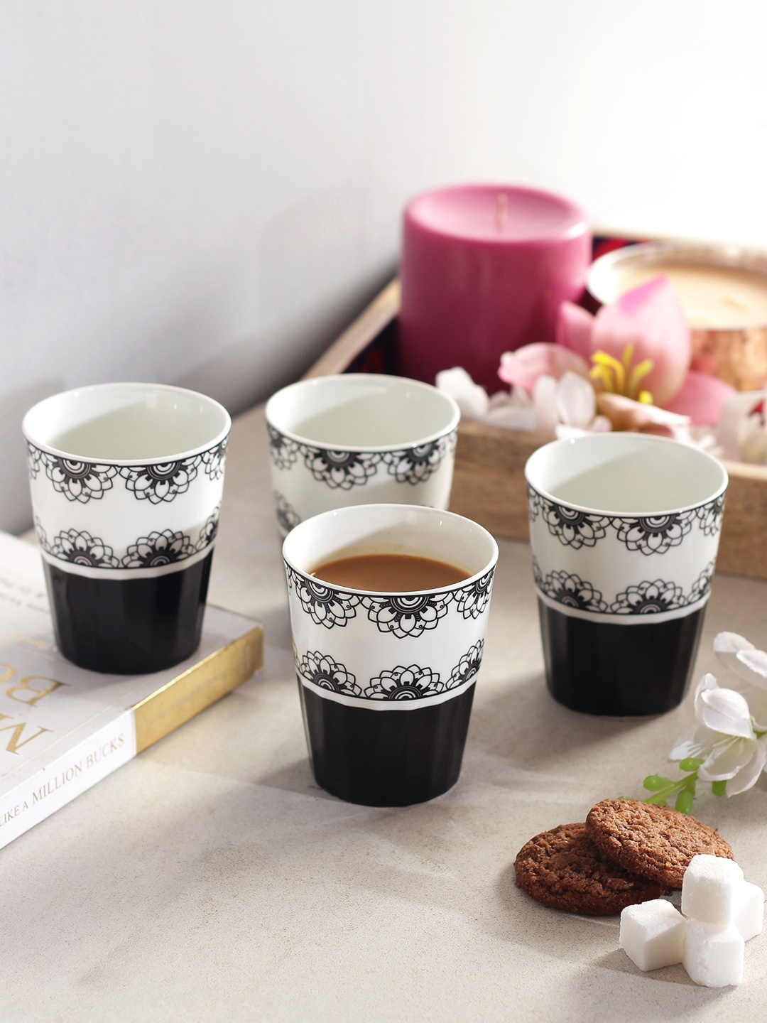 

India Circus by Krsnaa Mehta Set Of 4 Printed Bone China Mugs, Black