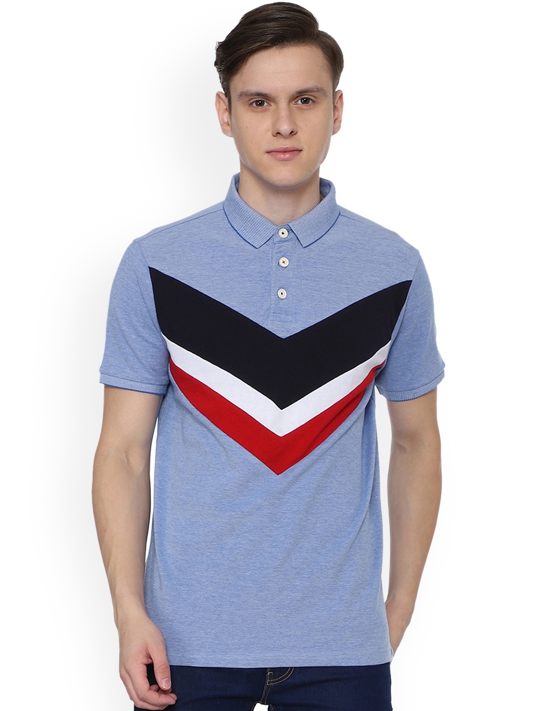 

People Men Blue Colourblocked Polo Collar Pure Cotton T-shirt