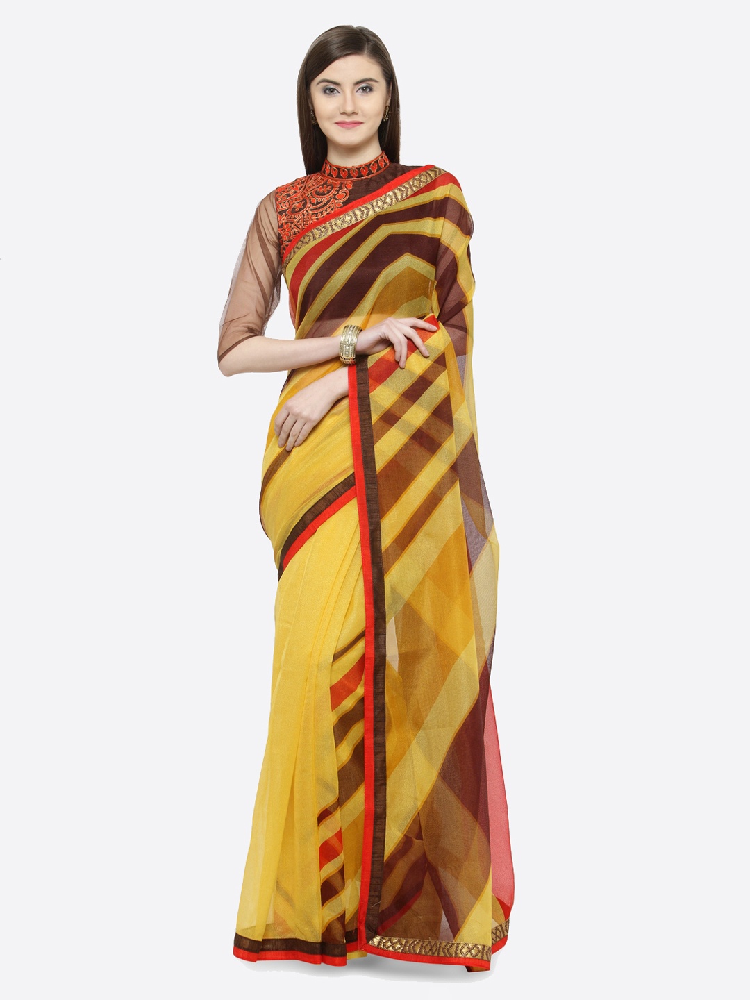 

Shaily Yellow & Brown Cotton Blend Striped Saree