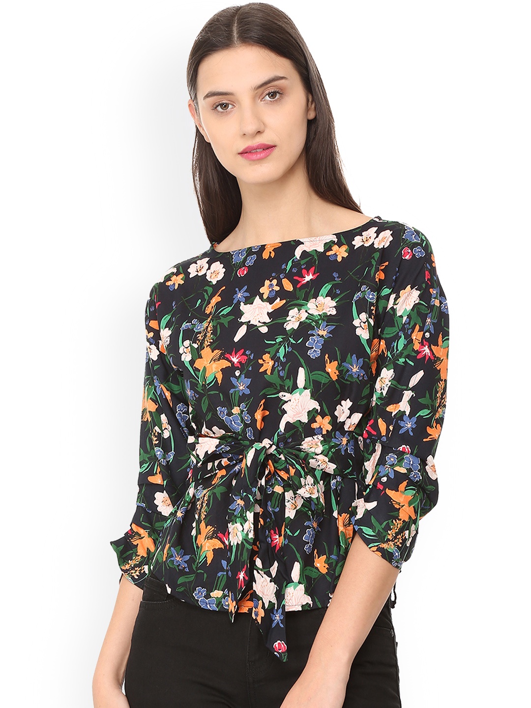 

People Women Multicoloured Printed Cinched Waist Top, Multi