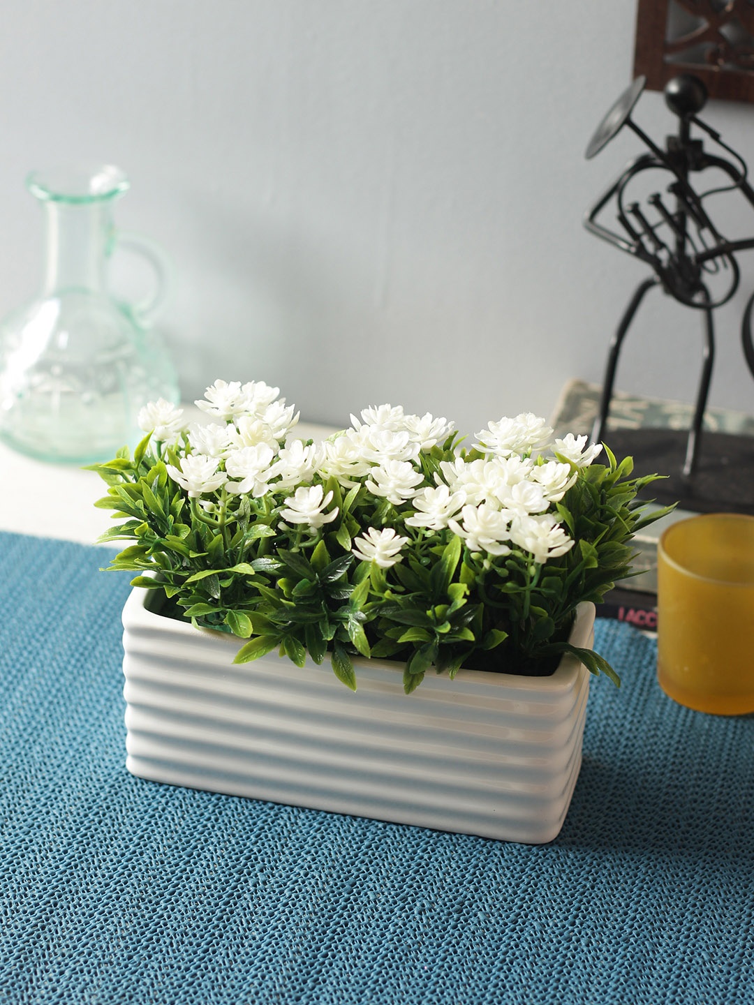 

Fourwalls White & Green Artificial PVC Flowers in a Rectangular Ceramic Pot