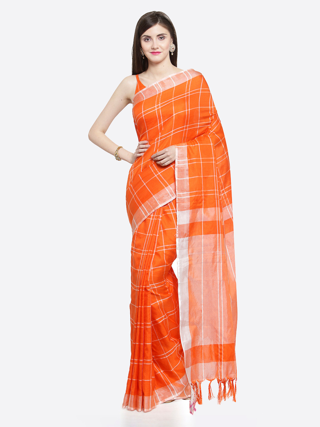 

Shaily Orange Checked Pure Linen Saree