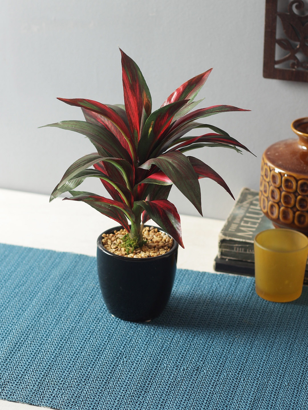 

Fourwalls Red & Green 24 cm tall Artificial Dracaena Bonsai Plant With Vase