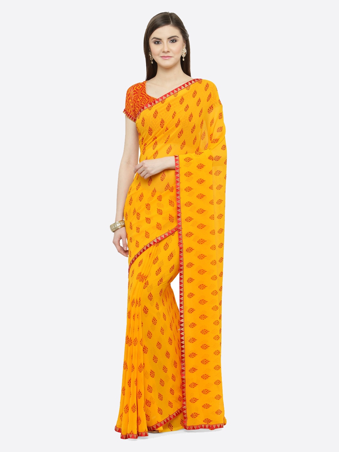 

Shaily Mustard Yellow Printed Pure Georgette Saree