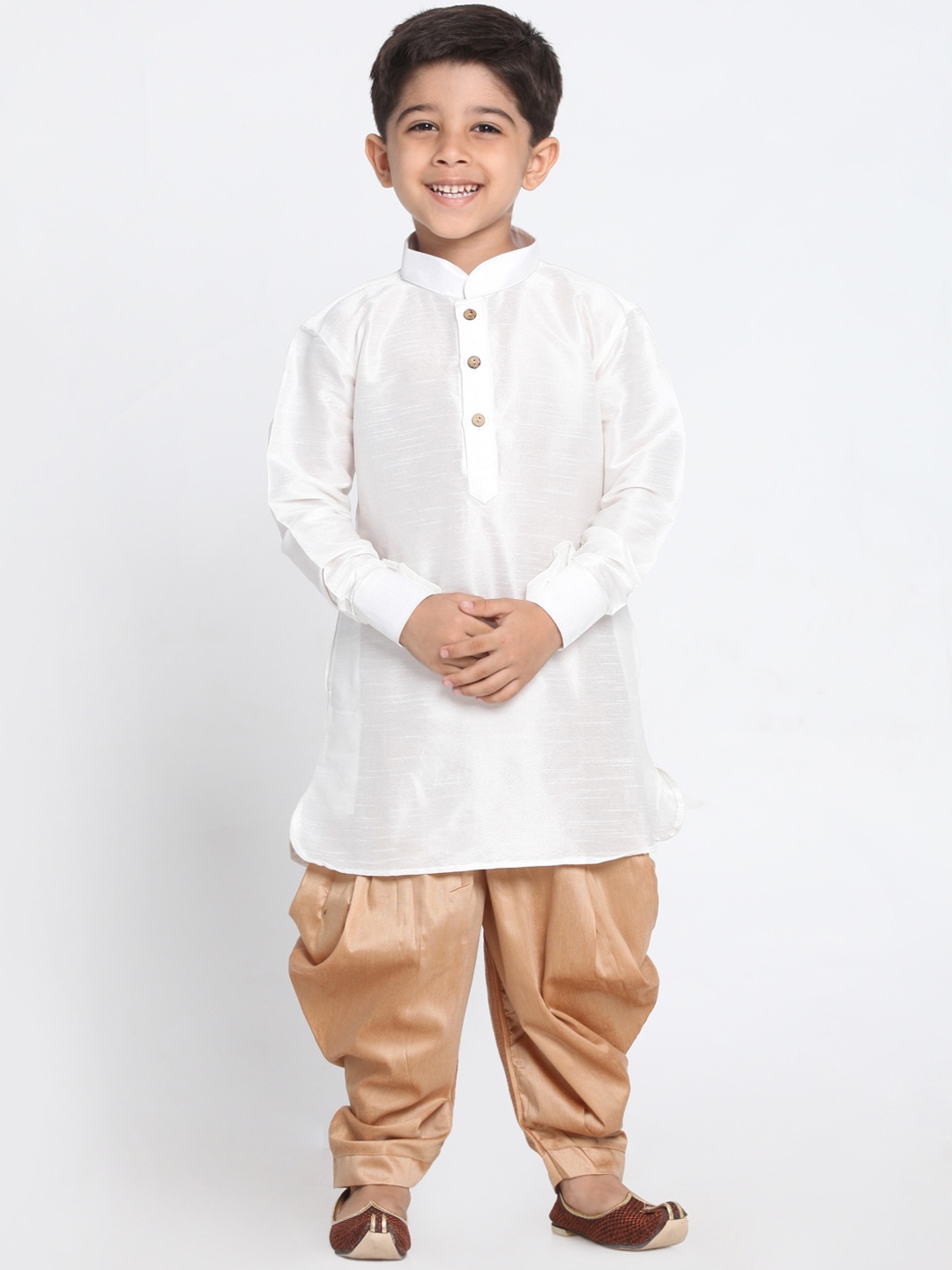 

VASTRAMAY Boys White & Beige Self Design Cotton Silk Kurta with Dhoti Pants
