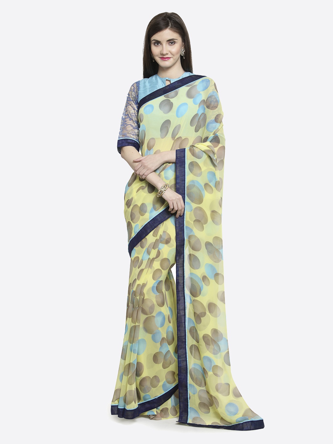 

KALINI Yellow & Blue Pure Georgette Printed Saree