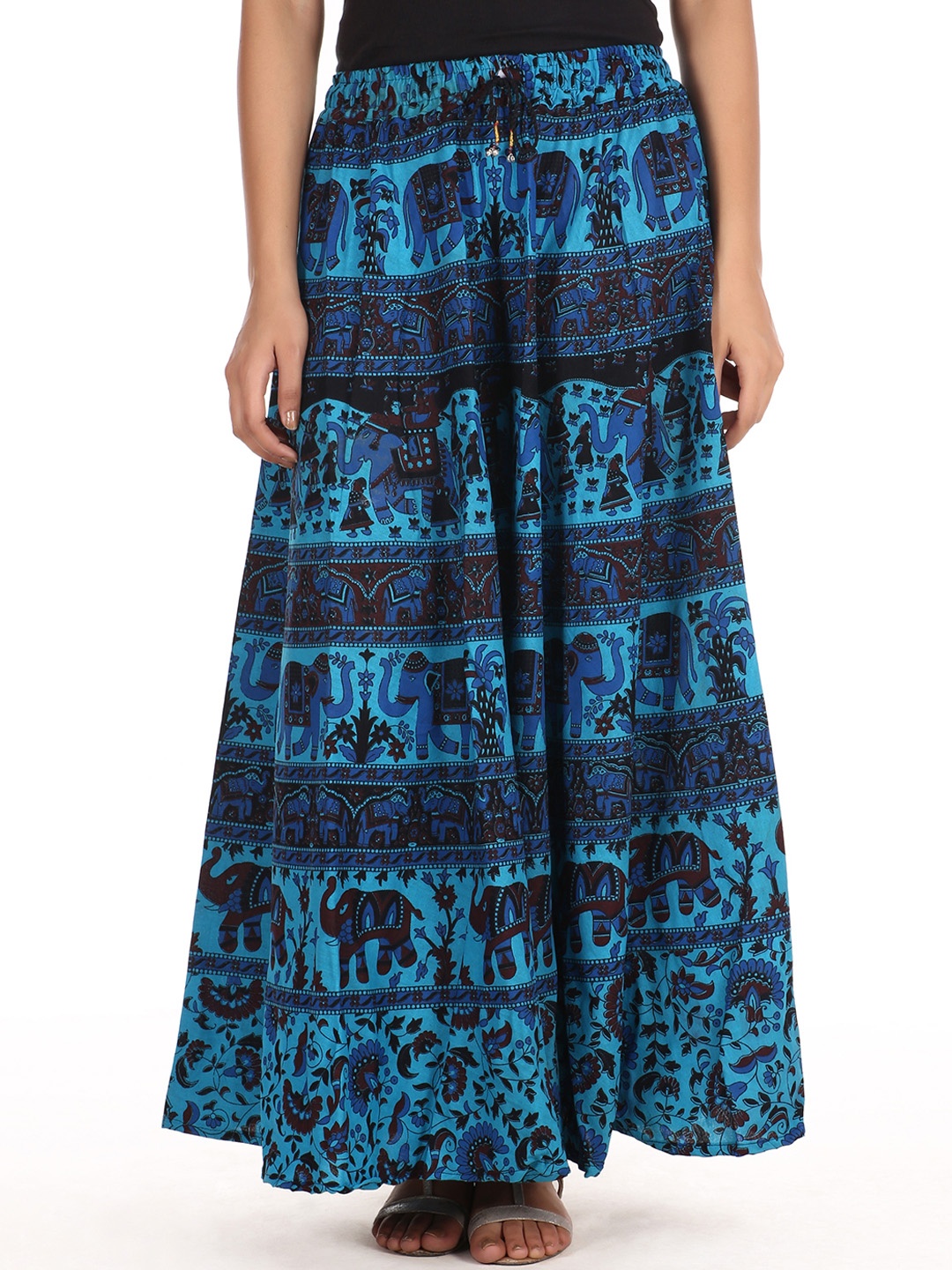 

SOUNDARYA Women Blue & Black Printed Flared Maxi Pure Cotton Skirt