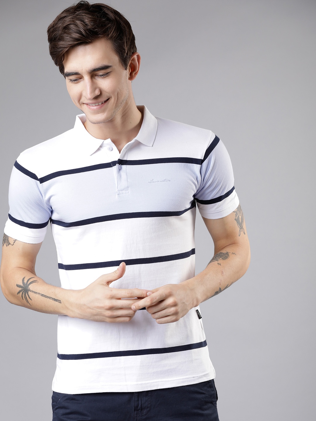

LOCOMOTIVE Men White & Navy Blue Striped Polo Collar T-shirt