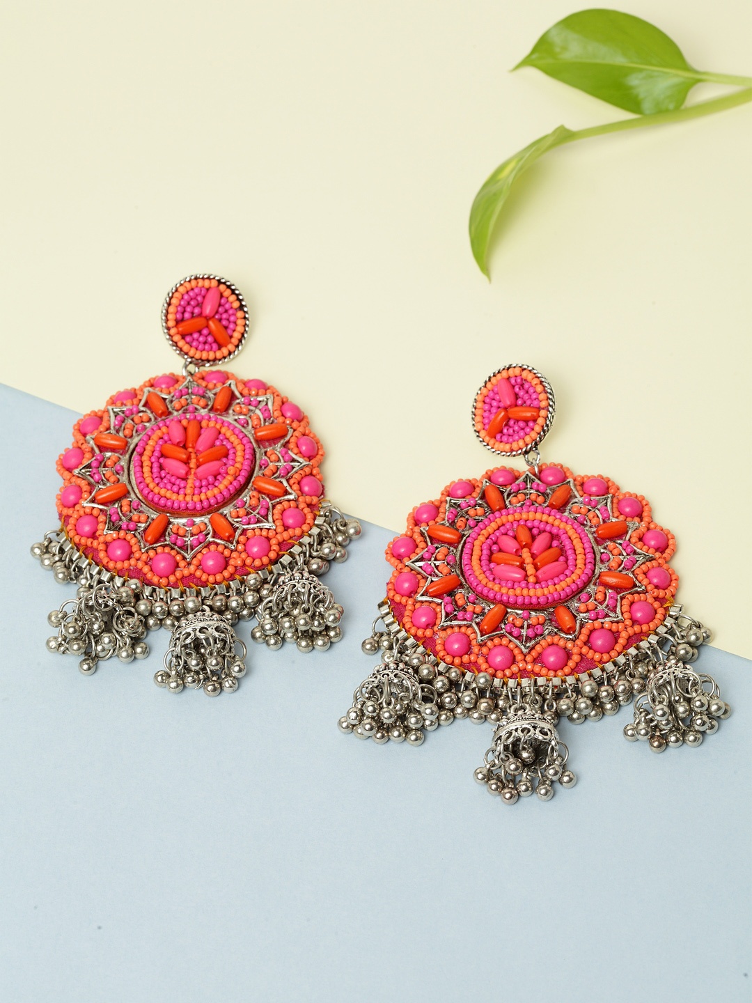 

Moedbuille Silver-Plated & Pink Afghan Circular Drop Earrings