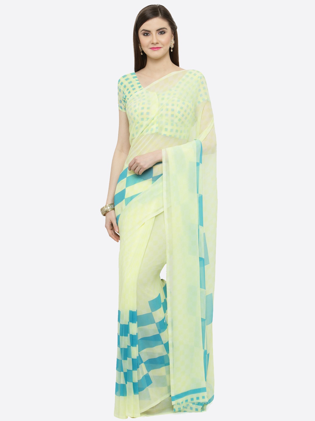 

Shaily Yellow & Blue Pure Georgette Checked Saree