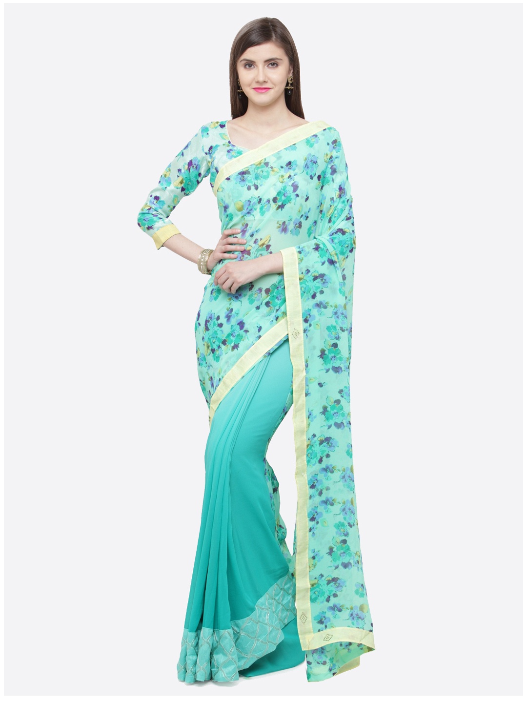 

Shaily Turquoise Blue Printed Pure Georgette Saree