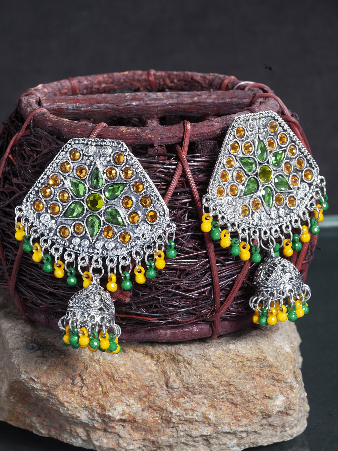 

Moedbuille Silver-Plated & Yellow Handcrafted Crescent Shaped Jhumkas