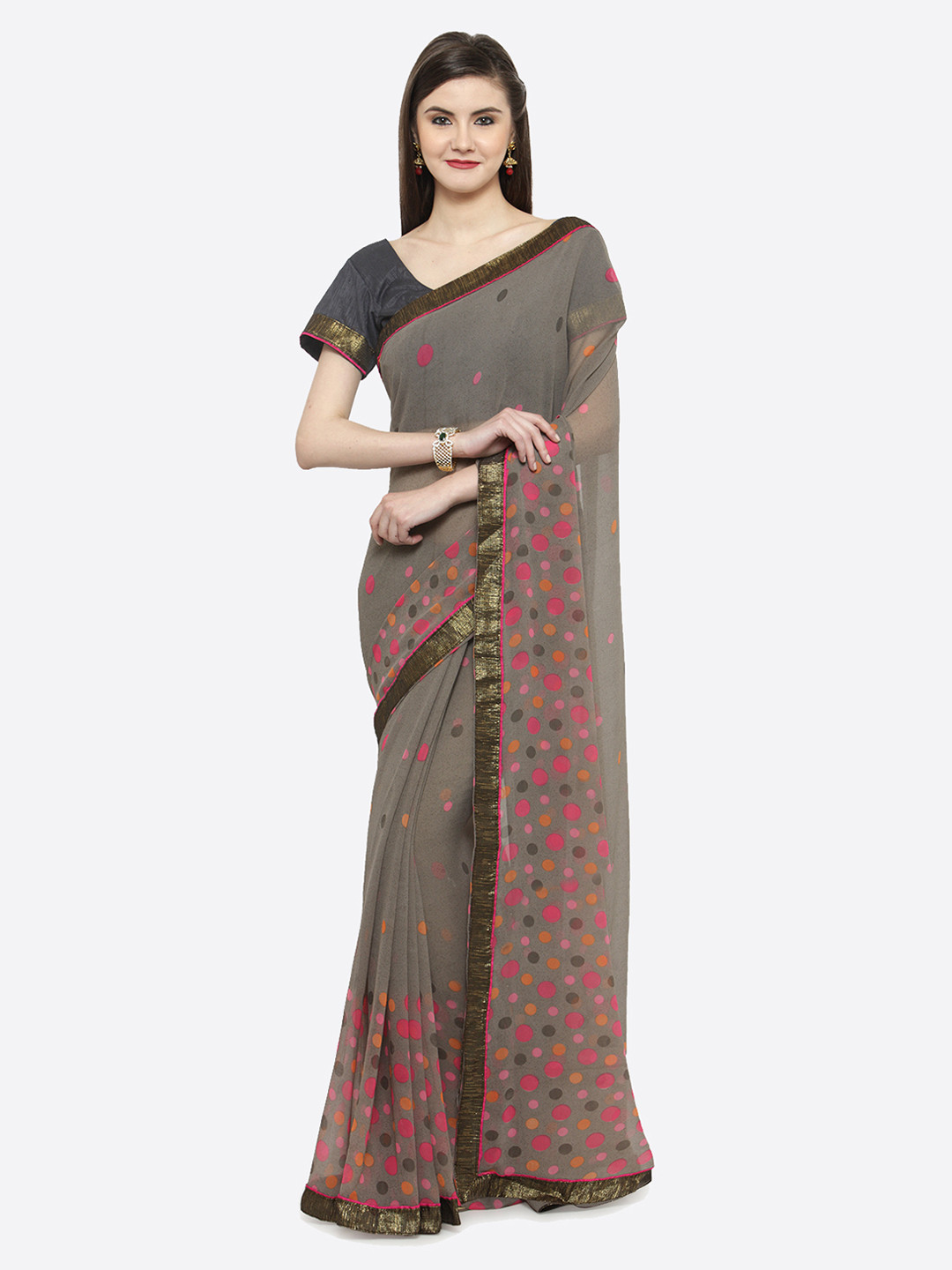

Shaily Grey & Pink Pure Georgette Printed Saree