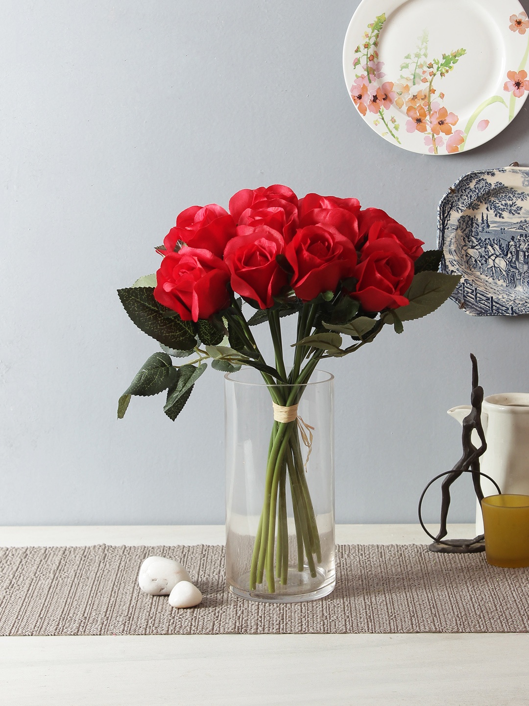 Fourwalls Set of 1 Red Artificial Rose Flower Bunches Without Pot